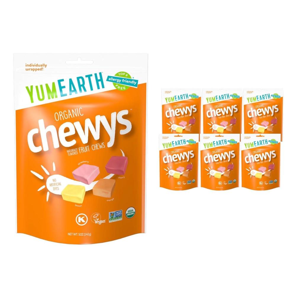 imageYumEarth Organic Chewys Fruit Flavored Candy Chews  Allergy Friendly Gluten Free NonGMO Vegan No Artificial Flavors or Dyes  Assorted Flavors 75 oz5 Ounce Pack of 6