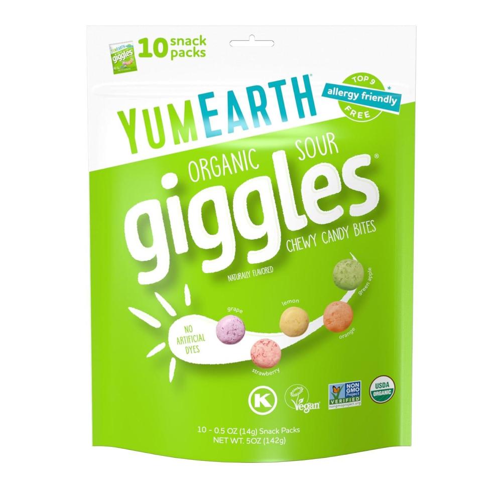 imageYumEarth Organic Giggles Chewy Candy  Allergy Friendly No Artificial Dyes Non GMO Gluten Free Fruit Flavored Vegan Candy Snacks with No Artificial Flavors 05 oz Pack of 120Sour Giggles