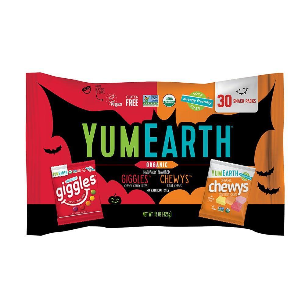 imageYumEarth Organic Halloween Candy Allergy Friendly Gluten Free NonGMO Vegan No Artificial Flavors or Dyes 20 Count Pack of 1 Gummy FruitsGigglesChewys Variety Pack