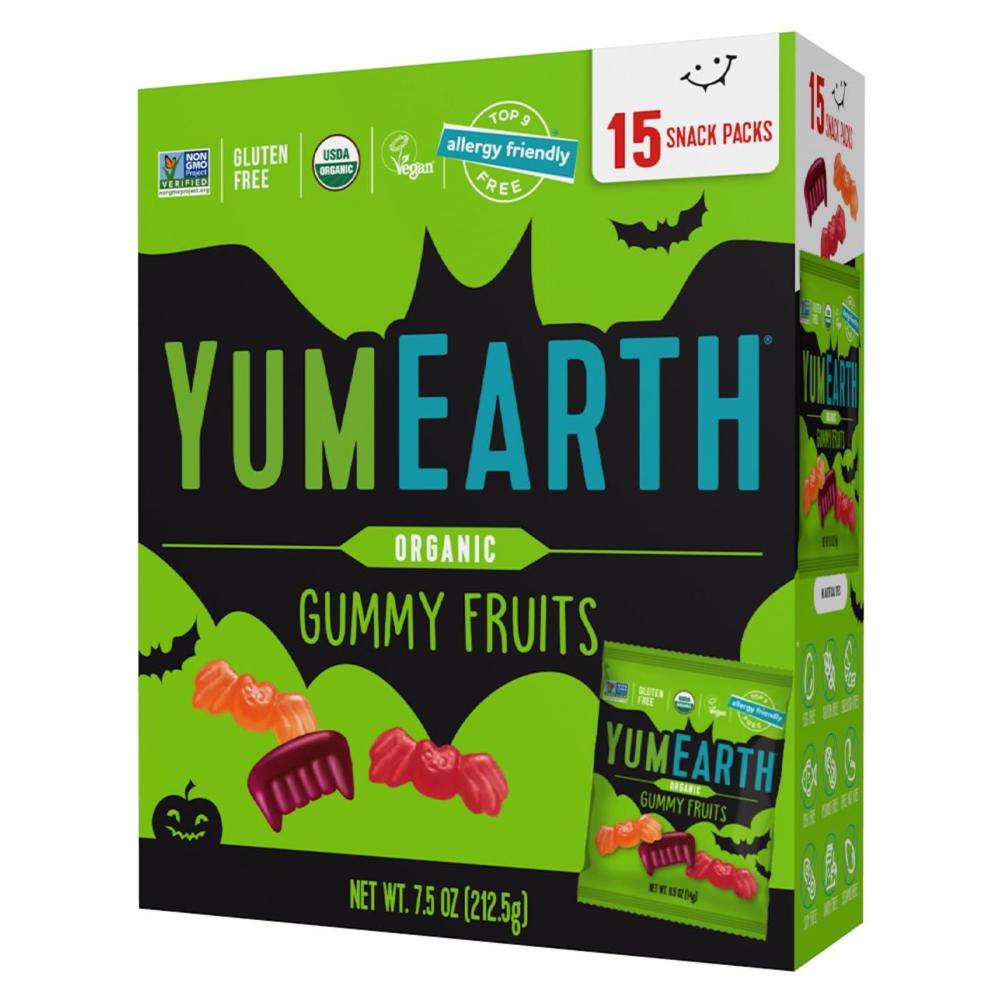 imageYumEarth Organic Halloween Candy Allergy Friendly Gluten Free NonGMO Vegan No Artificial Flavors or Dyes 20 Count Pack of 1 Gummy FruitsGummy Fruits