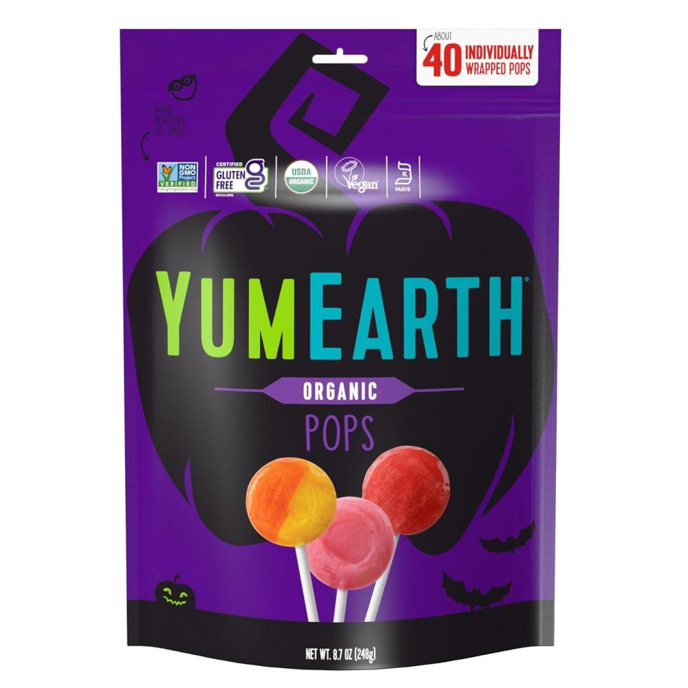 imageYumEarth Organic Halloween Candy Allergy Friendly Gluten Free NonGMO Vegan No Artificial Flavors or Dyes 20 Count Pack of 1 Gummy FruitsLollipops