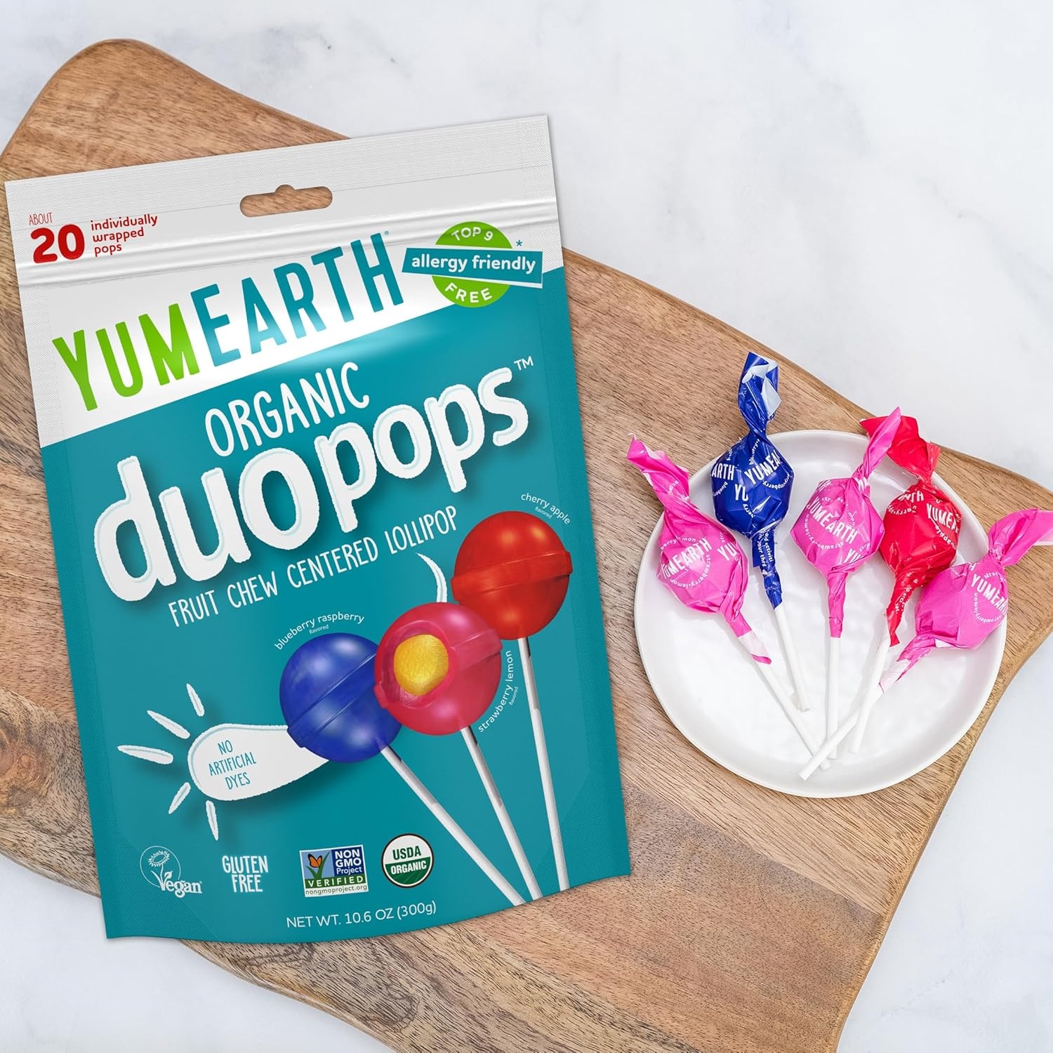 image:imageYumEarth Organic Duo Pops Lollipops with Fruit Chew Centers Allergy Friendly Top 9 Free No Artificial Dyes Non GMO Gluten Free Vegan Candy Snacks Individually Wrapped Pops 20 Count Pack of 120 Count Pack of 1