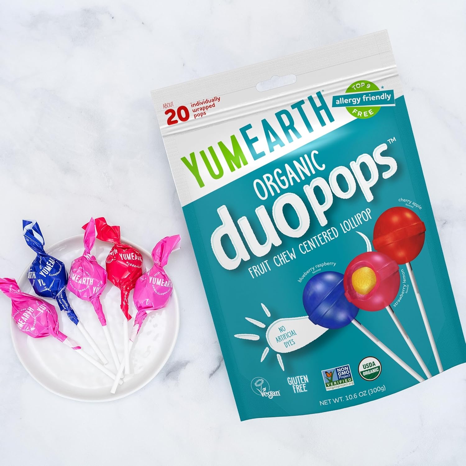 image:imageYumEarth Organic Duo Pops Lollipops with Fruit Chew Centers Allergy Friendly Top 9 Free No Artificial Dyes Non GMO Gluten Free Vegan Candy Snacks Individually Wrapped Pops 20 Count Pack of 120 Count Pack of 1